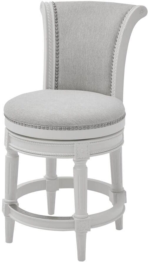 NewRidge Home Goods Chapman 26 in. Farmhouse White High Back Wood Swivel Counter Stool with Upholstered Gray Seat, 1-Stool