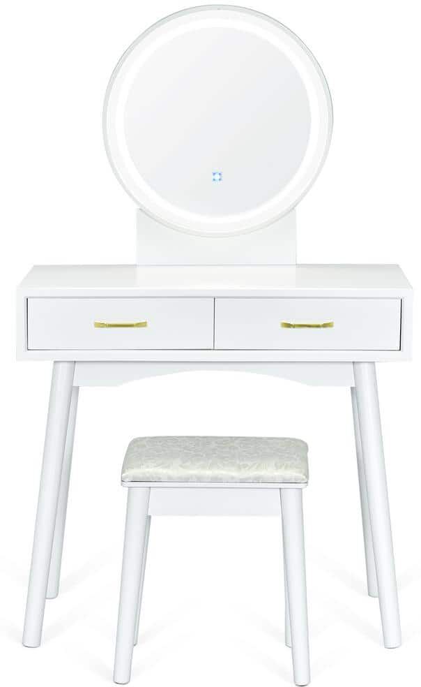 Gymax 52 in. H x 31.5 in. W x 16 in. D Vanity Dressing Table Set Touch Screen 3-Lighting Modes Mirror Padded Stool