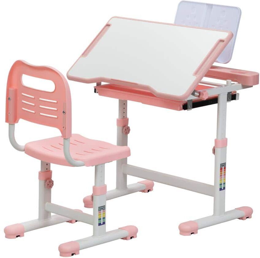 TOBBI Kids Desk and Chair Set, Height Adjustable Children Study Workstation with Tilted Desktop, Book Stand and Storage