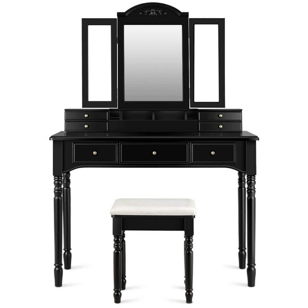 FORCLOVER 7-Drawer Black Makeup Dressing Table with Tri-Folding Mirror and Cushioned Stool