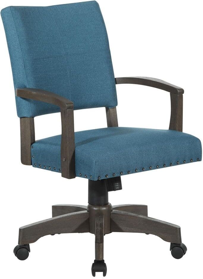 Office Star Products Wood Bankers Series Santina Office Chair with Antique Grey Finish and Blue Fabric