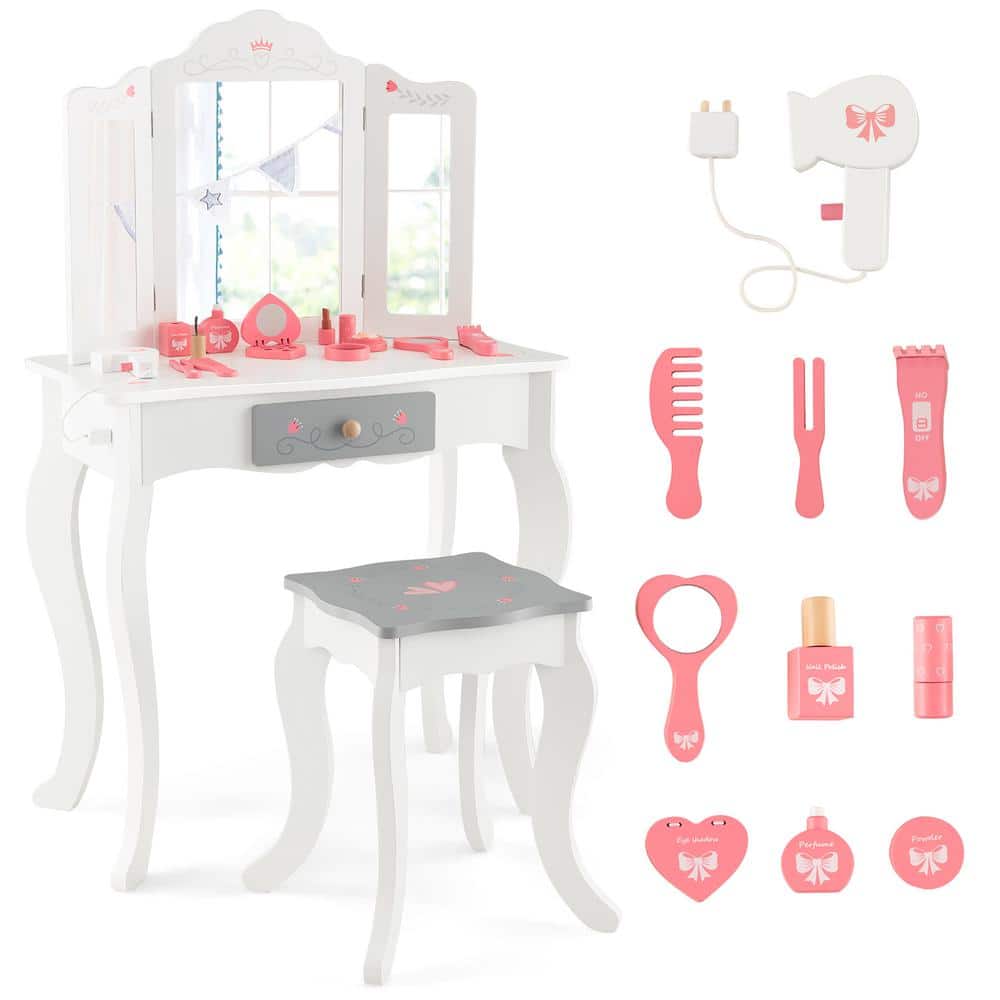 Gymax 1-Piece Wood Top White Kids Vanity Set Makeup Table and Chair Tri-Folding Mirror Sweet Accessories