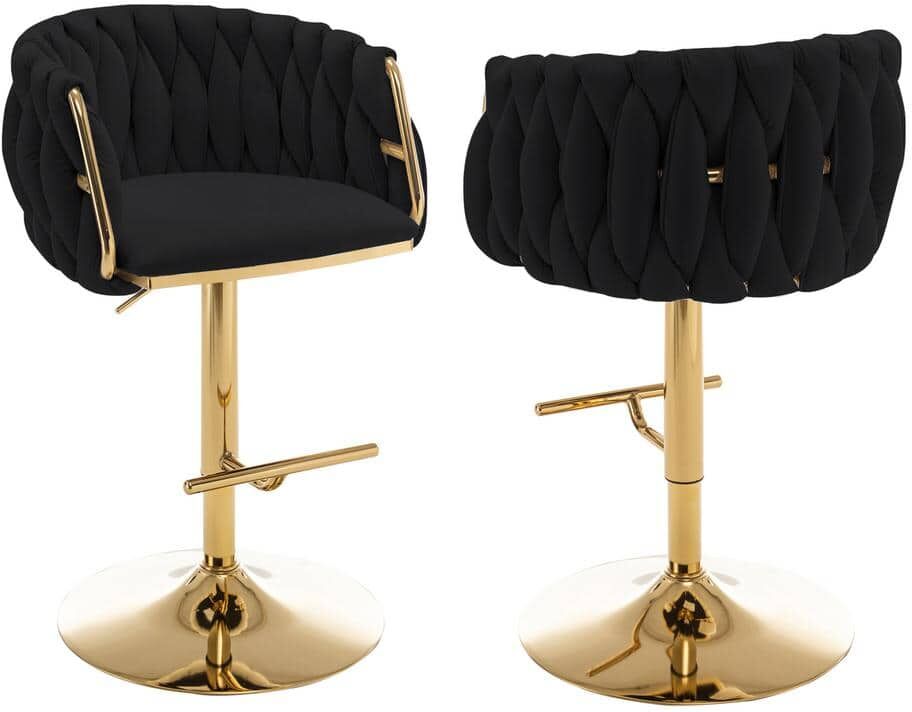 Best Quality Furniture Earl 25 in. 33 in. Upholstered Black Low Back Gold Metal Frame Adjustable Bar Stool With Velvet Fabric (Set of 2)