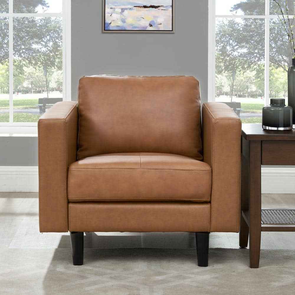 HOMESTOCK 32.6 in. W Tan Top Grain Leather Mid-Century Chair, Sofa Couches for Living Room Furniture, Accent Chairs for Bedrooms