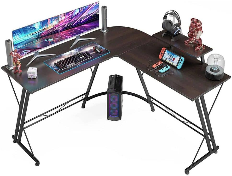 SOMDOT 51 in. Black Walnut L Shaped Corner Gaming and Computer Desk with Monitor Stand