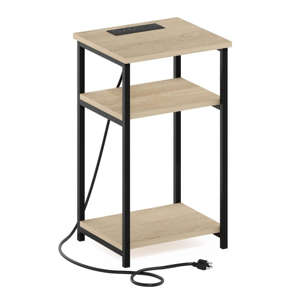 Furinno Moretti 13.9 in. Bauhaus Oak Rectangle Wood 3-Tier End Table with USB and Type-C Charging Port