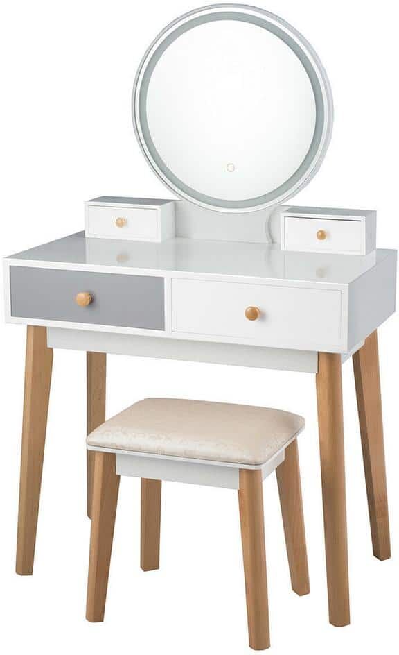 Gymax 52.5 in. H x 31.5 in. W x 15.5 in. D Makeup Dressing Vanity Table Set w/ Touch Screen Dimming Mirror Stool White