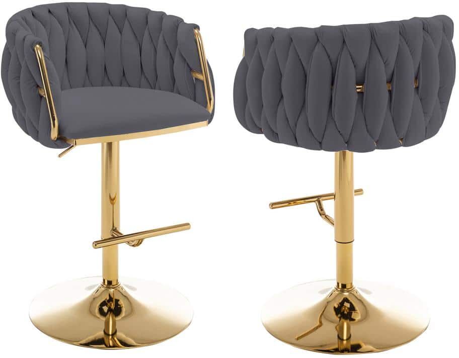 Best Quality Furniture Earl 25 in. 33 in. Upholstered Dark Grey Low Back Gold Metal Frame Adjustable Bar Stool With Velvet Fabric (Set of 2)