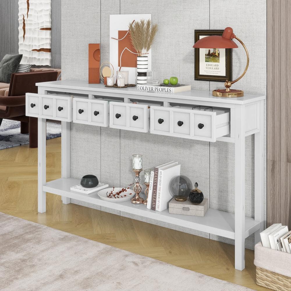 Harper & Bright Designs 60 in. Antique White Rectangle Wood Console Table with Drawers