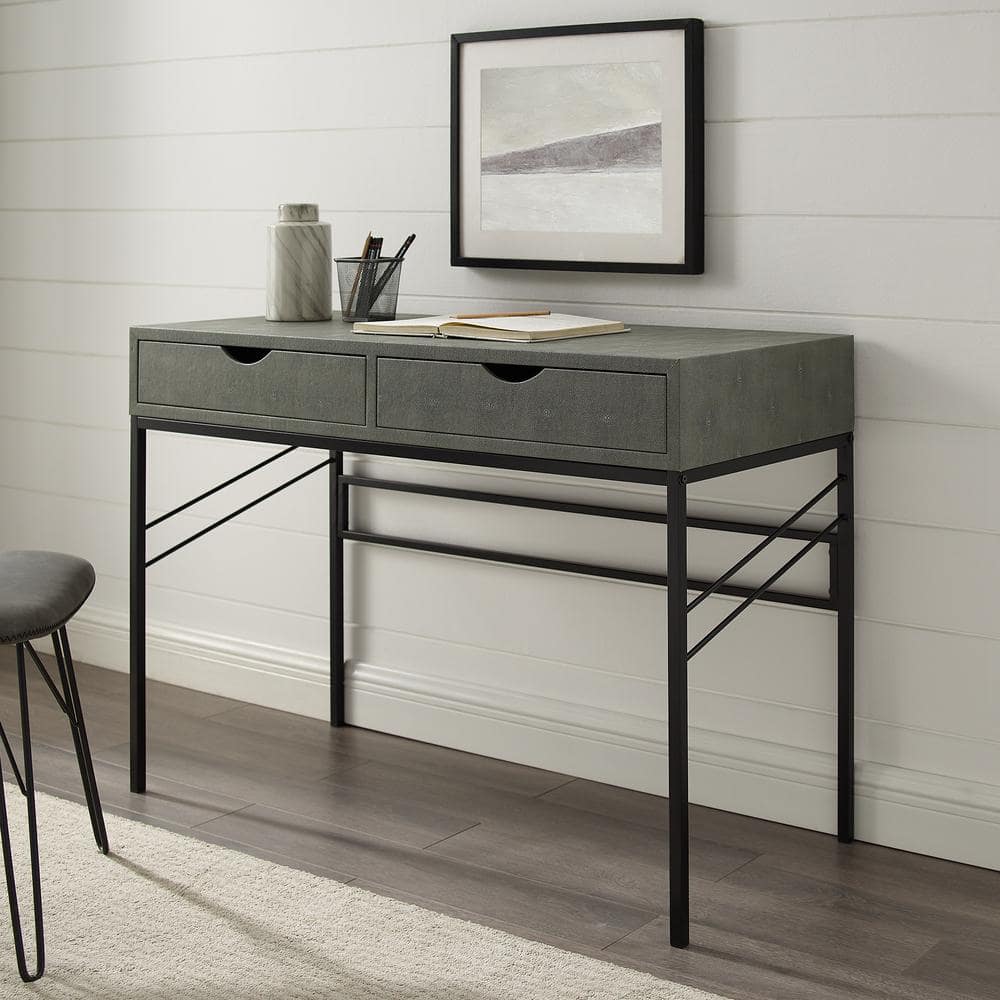 Welwick Designs 44 in. Rectangular Grey Faux Shagreen Wood and Metal 2-Drawer Writing Desk