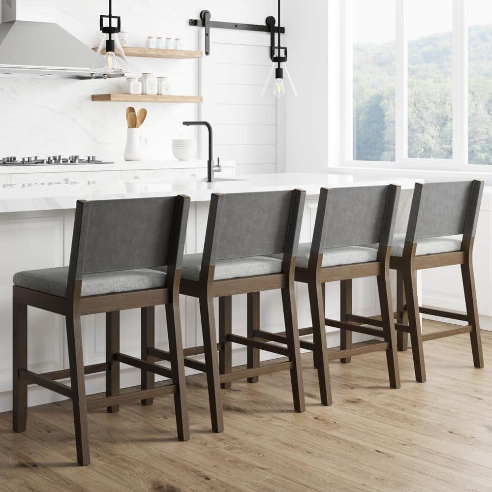 Nathan James Linus 36 in. Modern Wood Counter Height Bar Stool with Faux Leather Back and Ivory Upholstered Fabric Seat, Set of 4