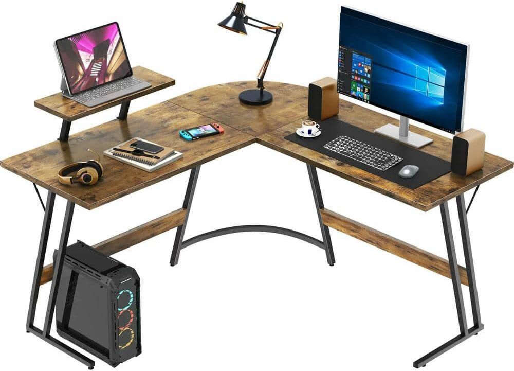 LACOO L Shaped Gaming Desk 51 in. Computer Corner Desk PC Gaming Table with Large Monitor Riser Stand(Brown)