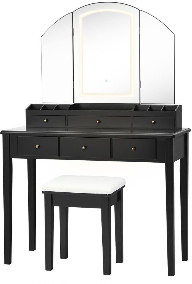 Costway Vanity Table Stool Set Black Jewelry Armoire Large Tri-folding Lighted Mirror 6 Drawer Dresser 58.5" x 40" x 16"