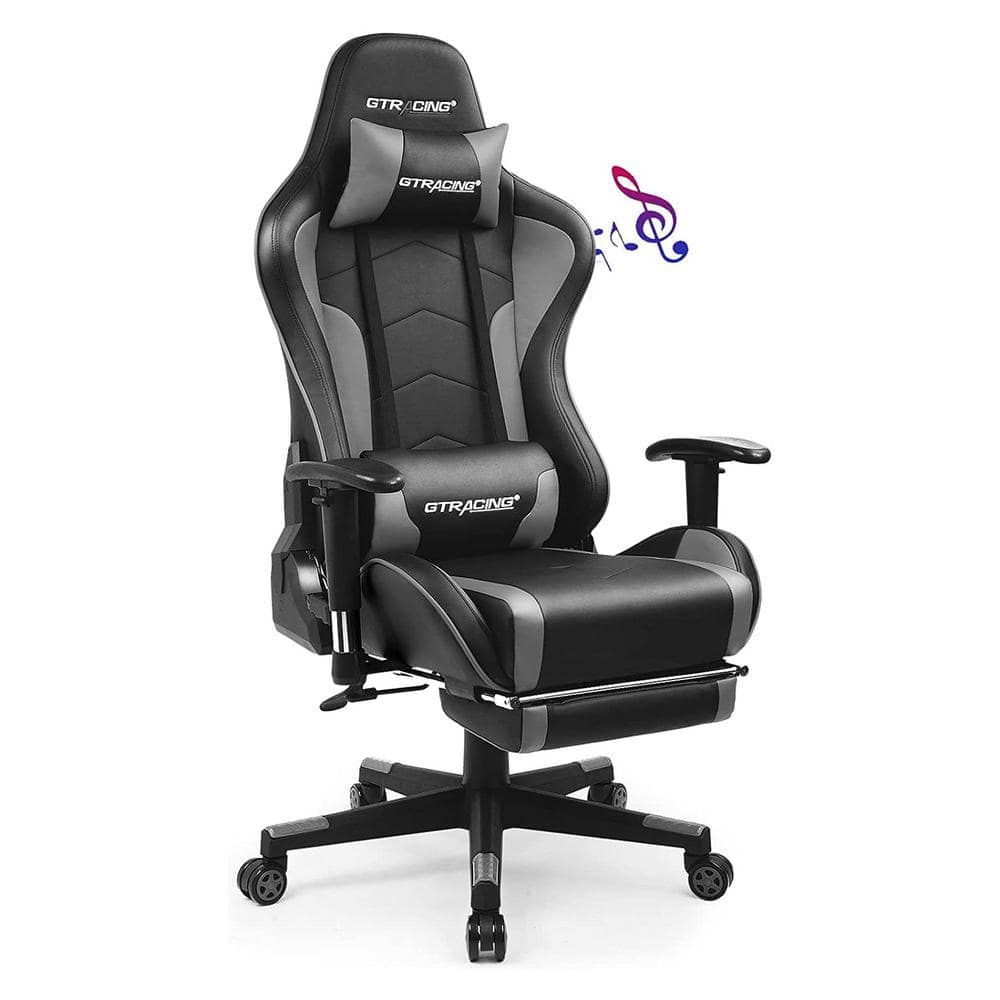 Lucklife Gray Gaming Chair with Footrest, Bluetooth Speakers Ergonomic High Back Music Leather Game Chair Office Desk Chair