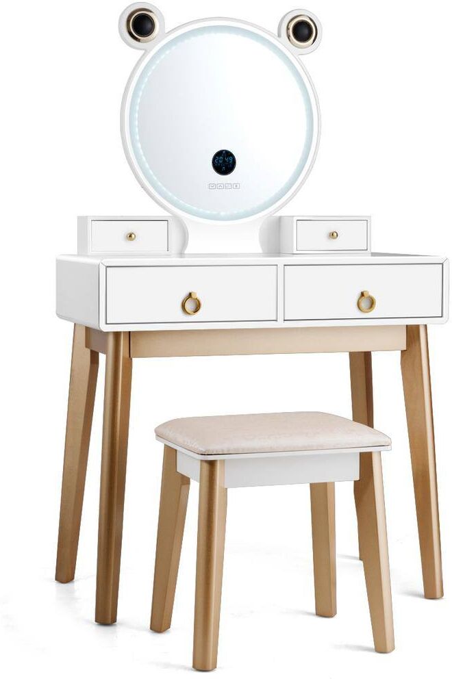 Costway 53 in. x 31.5 in. x 15.5 in. White and Gold Touch Screen Dimming Mirror with Speakers Vanity Dressing Table Set