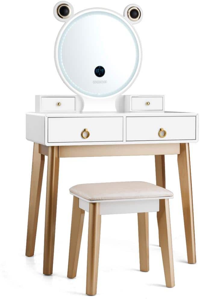 Costway White and Gold Touch Screen Dimming Mirror with Speakers Vanity Dressing Table Set