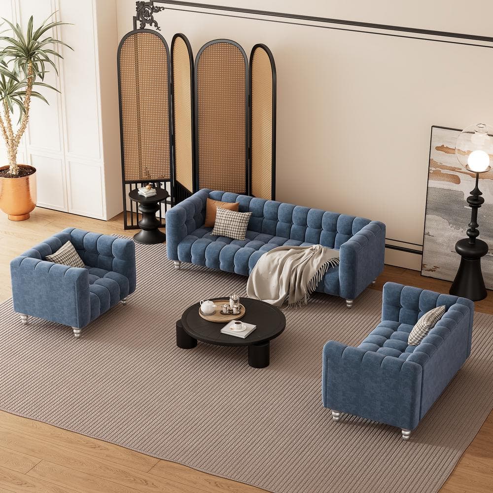 Harper & Bright Designs Modern Tufted Blue 3-Piece Polyester Living Room Set