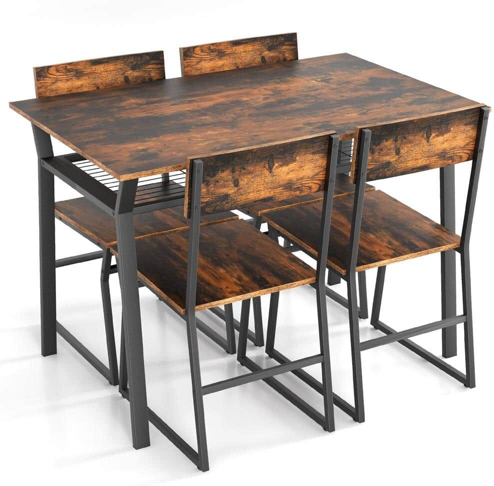 Costway 5-Piece Brown Wood Top Dining Table Set Industrial Rectangular Kitchen Table with 4-Chairs