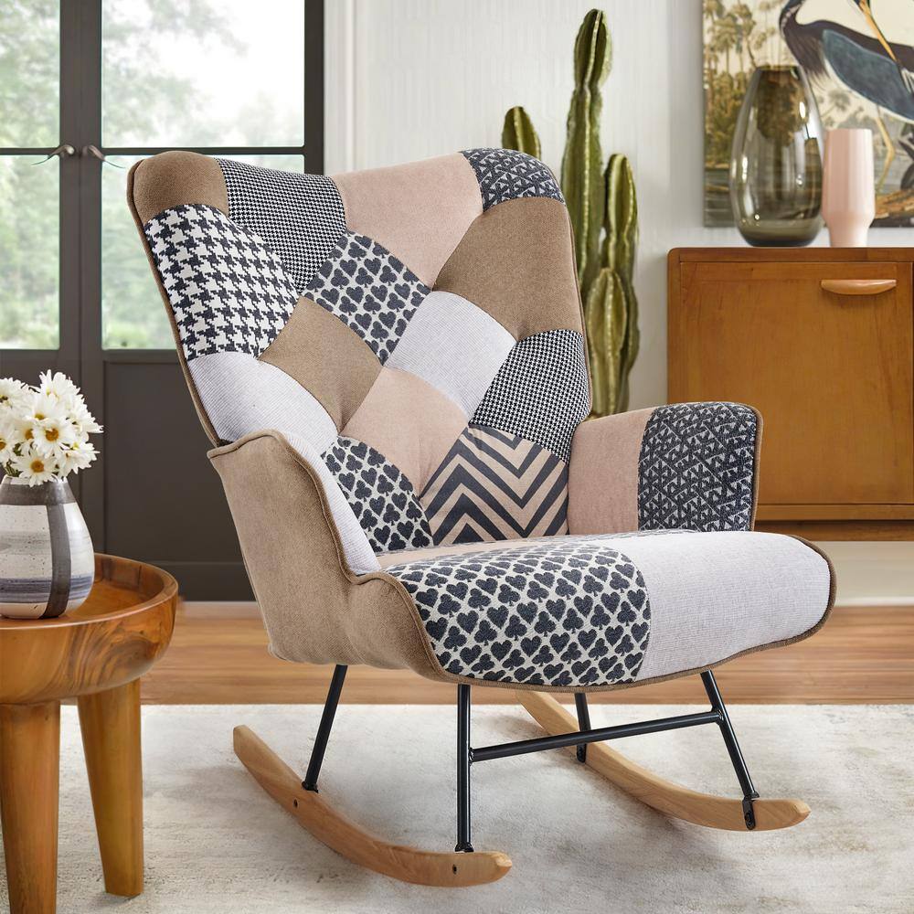 Hochwertiges Grey Linen Fabric Nursery Rocking Chair Accent Upholstered Rocker with Solid Wood Legs