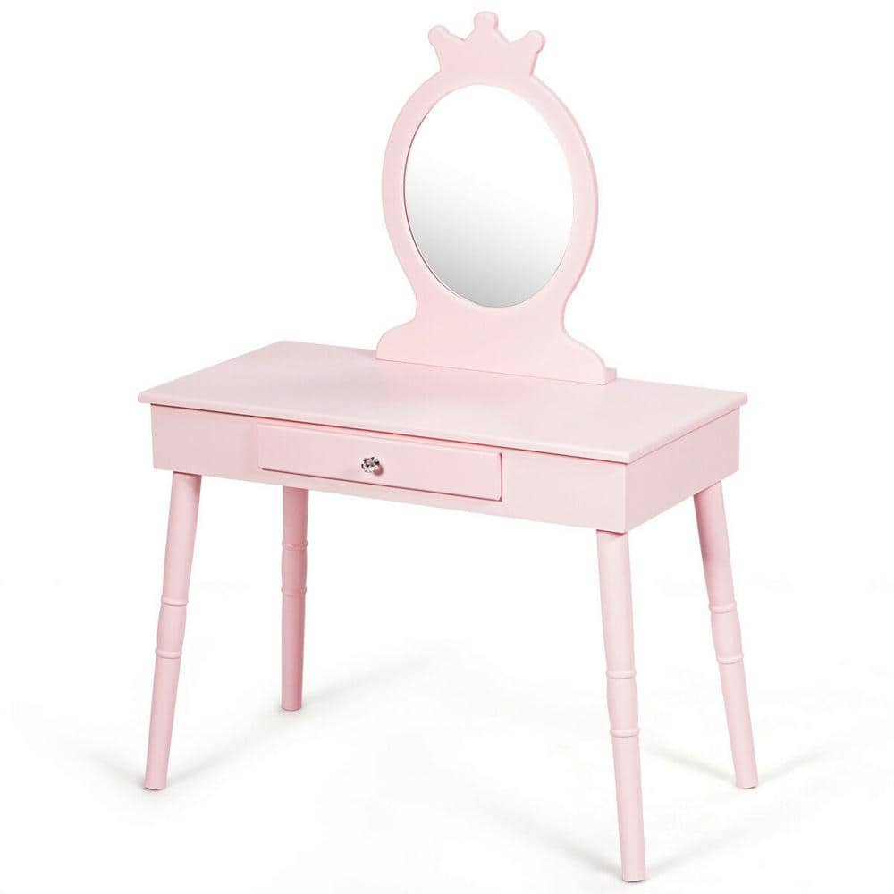 Gymax Pink Kids Vanity Makeup Table and Chair Set Make Up Stool Play Set for Children