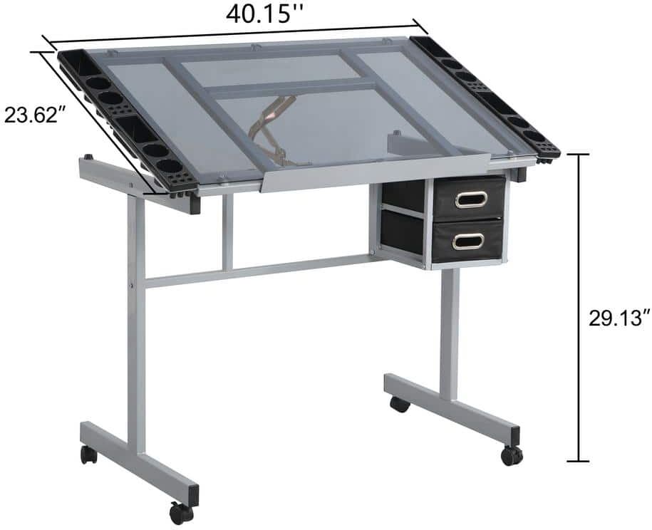 Aoibox 40.00 in. Rectangular Silver Metal Adjustable Tempered Glass Standing Drawing Desk with 2 Slide Drawers and 4 Wheels