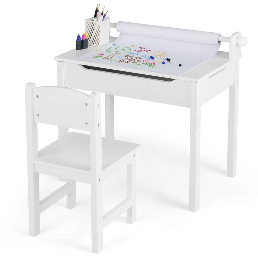 Costway 2-Piece Wood Top Toddler Craft Table and Chair Set Kids Art Crafts Table withPaper Roll Holder White
