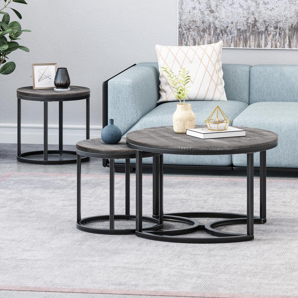 Noble House Gerrish 18 in. Grey and Pewter Wood Round 3-Piece Coffee Table Set