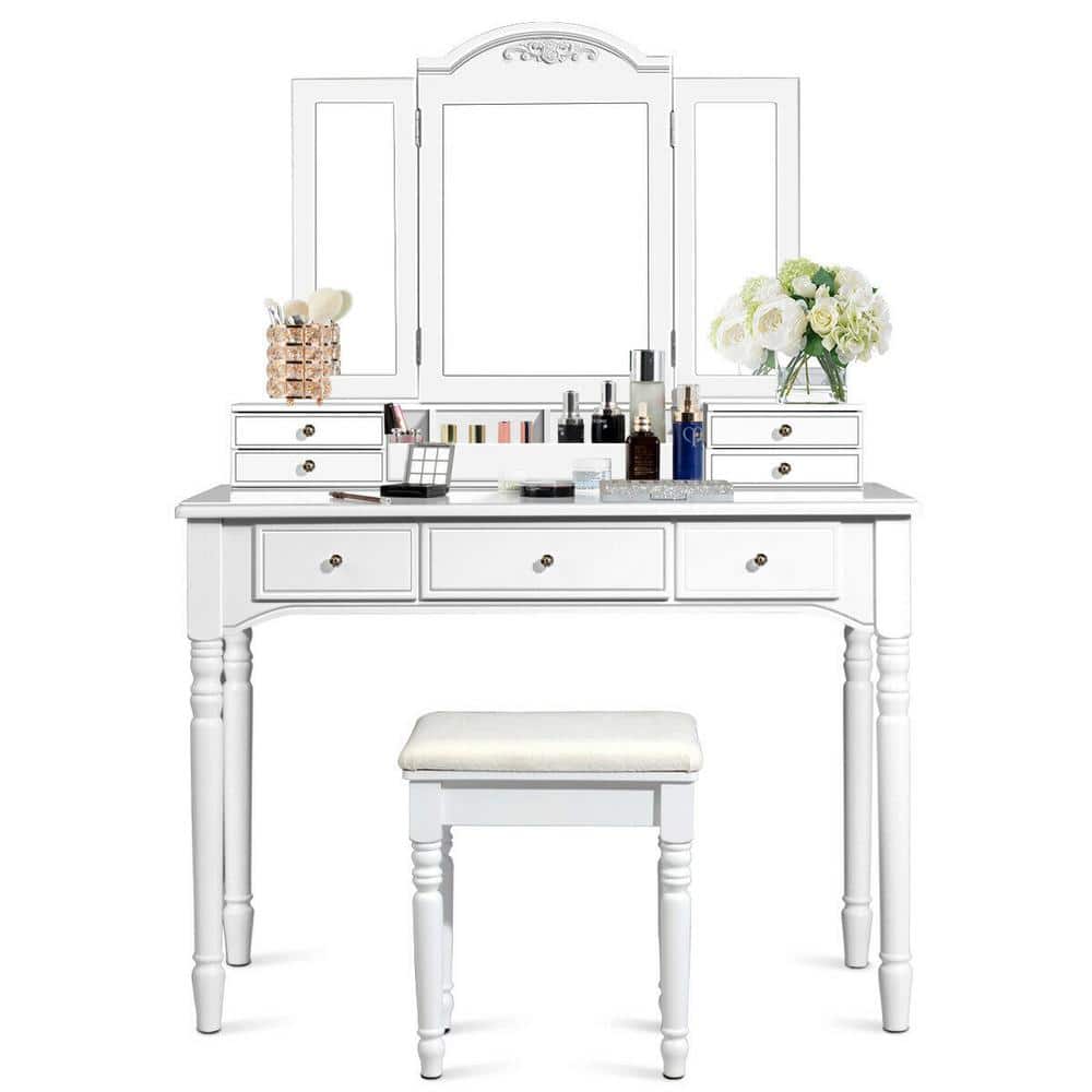 FORCLOVER 7-Drawer White Makeup Dressing Table with Tri-Folding Mirror and Cushioned Stool