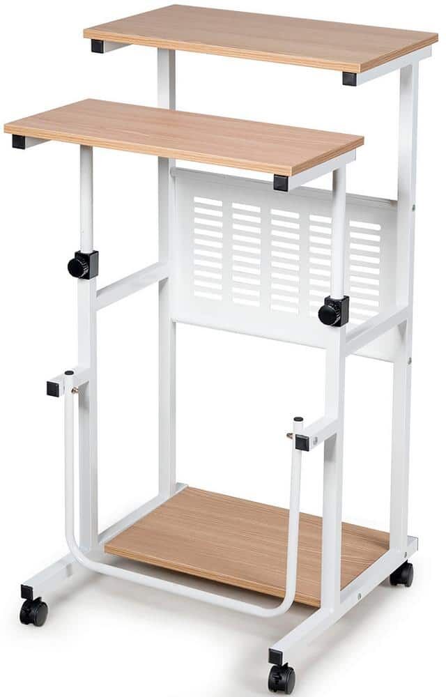 Costway 38.5 in. Oak Height Adjustable Computer Standing Desk with wheels and Footrest