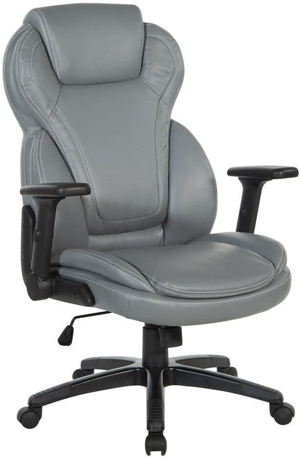 Office Star Products Work Smart Executive Bonded Leather High Back Office Chair with Adjustable Arms In Grey