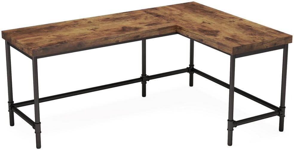 BYBLIGHT Havrvin 67 in. L-Shaped Rustic Brown Wood Computer Desk, Industrial Reversible Corner Office Desk PC Laptop Study Table