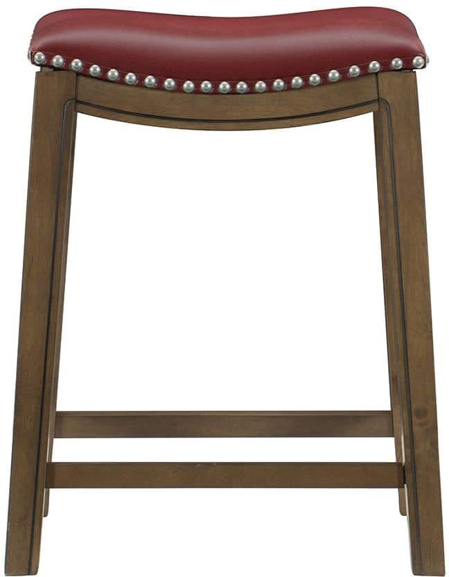 Pecos 25 in. Brown Wood Counter Height Stool with Red Faux Leather Seat