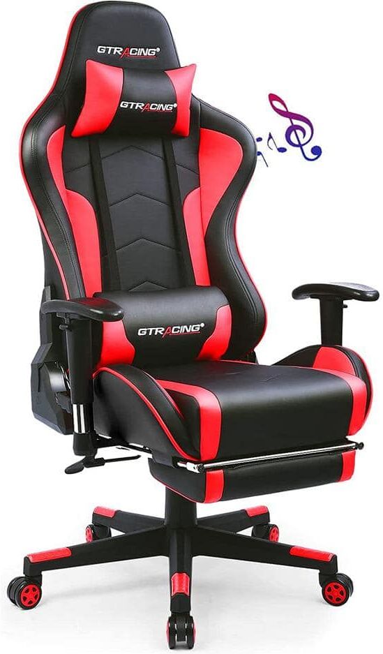 Lucklife Red Gaming Chair with Footrest, Bluetooth Speakers Ergonomic High Back Music Video Game Chair Leather Desk Chair