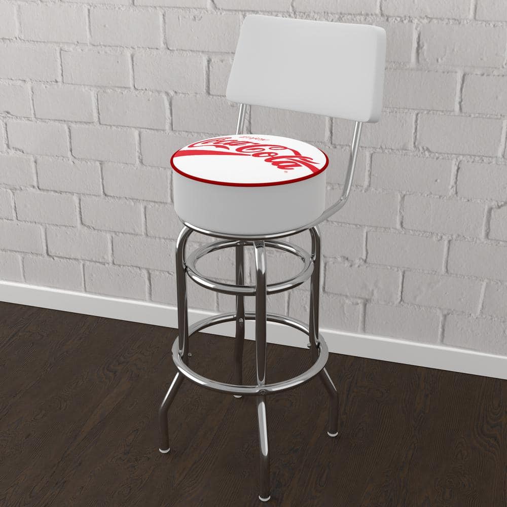 Coca-Cola Enjoy Coke White 31 in. White Low Back Metal Bar Stool with Vinyl Seat