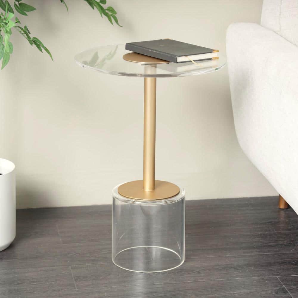 Litton Lane 16 in. Clear Large Round Glass End Table with Elevated Base and Gold Stand