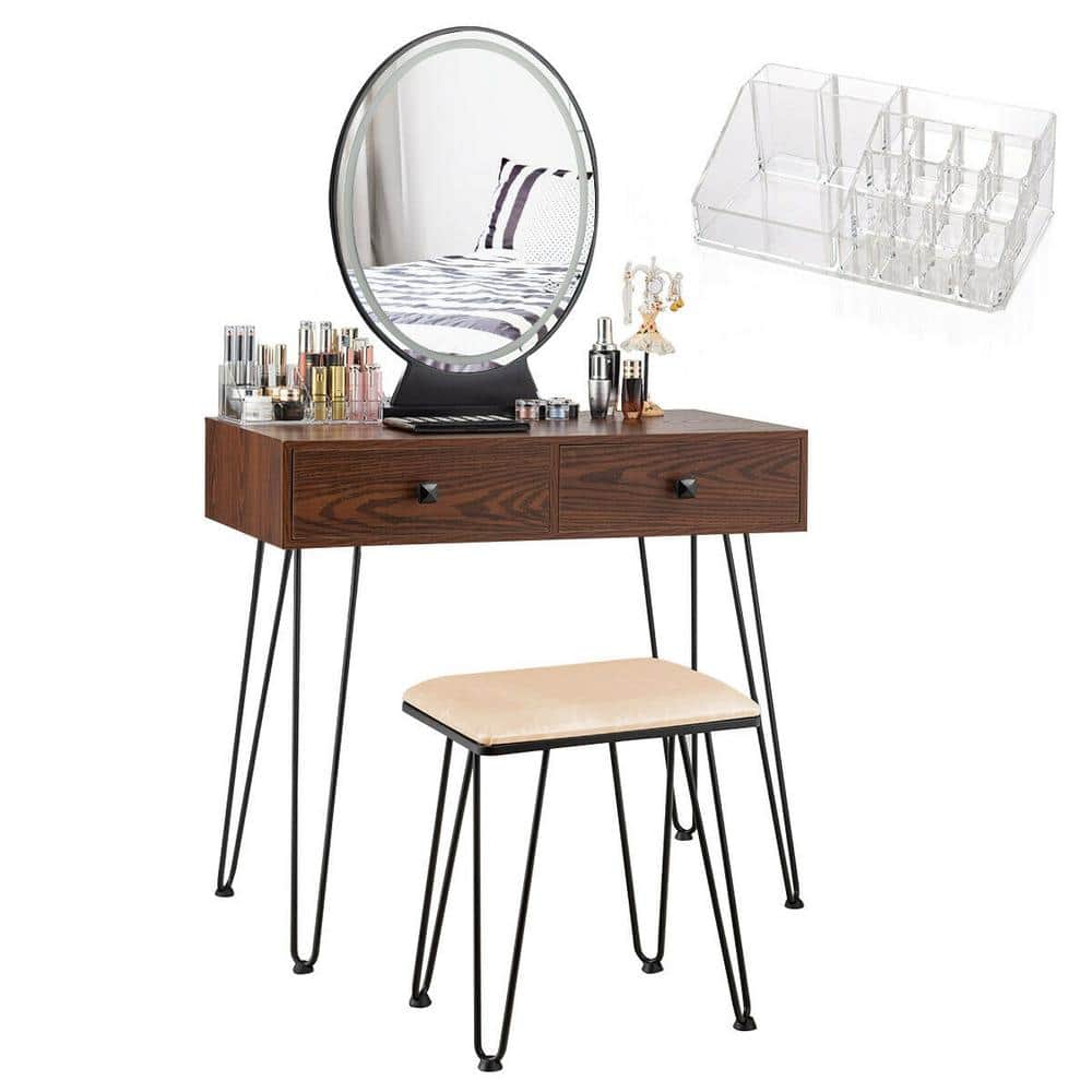 ANGELES HOME Brown Bedroom Vanity with 3 Lighting Modes Mirror, Makeup Dressing Table and Vanity Stool