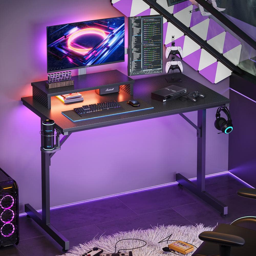 Bestier 42 in. Black Carbon Fiber LED Gaming Desk with Monitor Stand and Cup Holder