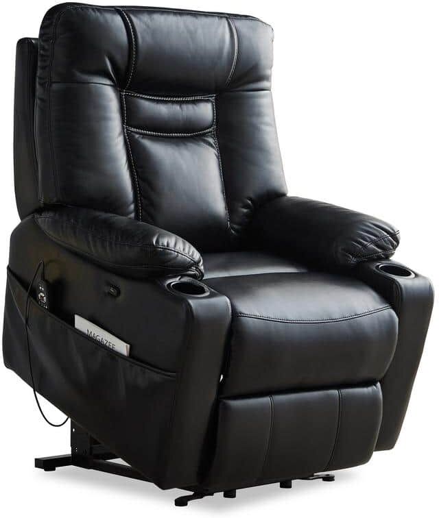 J&E Home Black PU Leather Electric Power Lift Massage Recliner Chair with Remote Control, Cup Holders and USB Port Charger