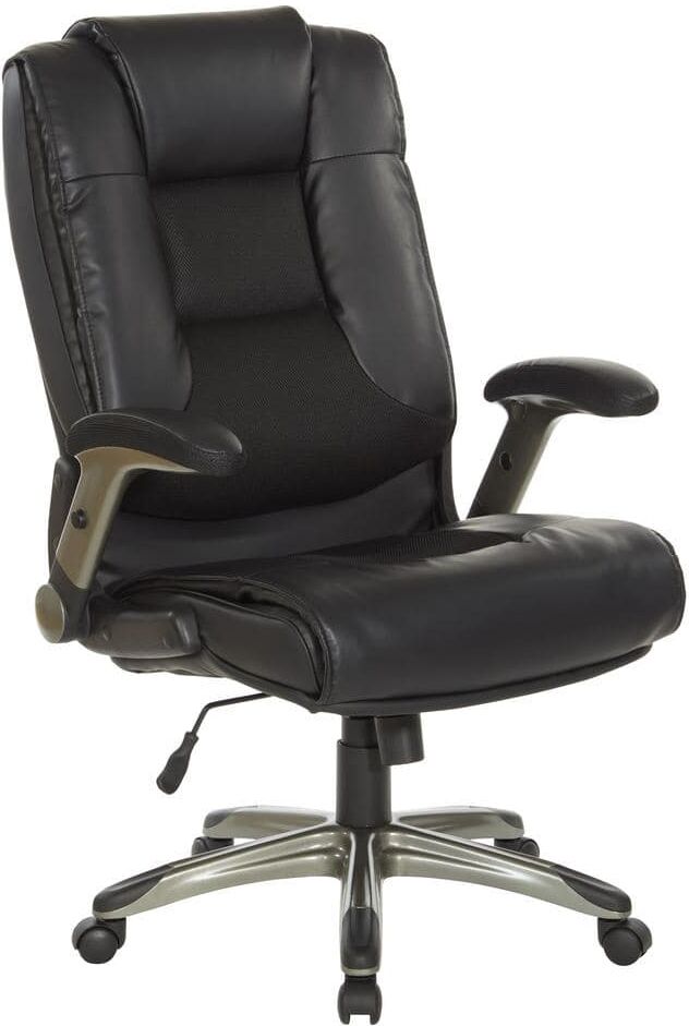 Office Star Products Bonded Leather with Coated Nylon Base Ergonomic Executive Chair in Black and Titanium Coated Flip Arms