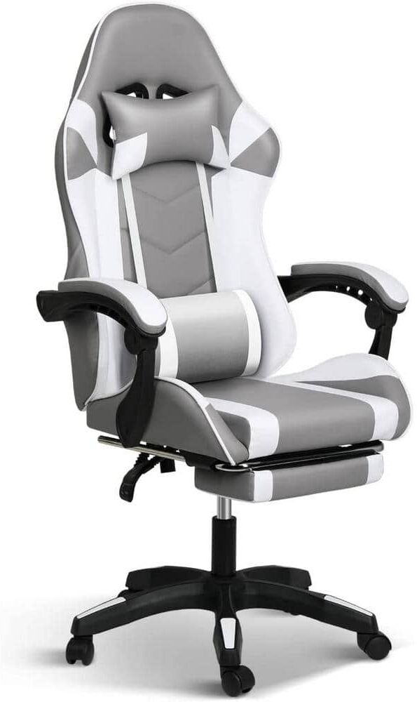 cadeninc Grey/White High Back Leather Ergonomic Adjustable Swivel Office Computer Game Chair with Headrest, Lumbar Support