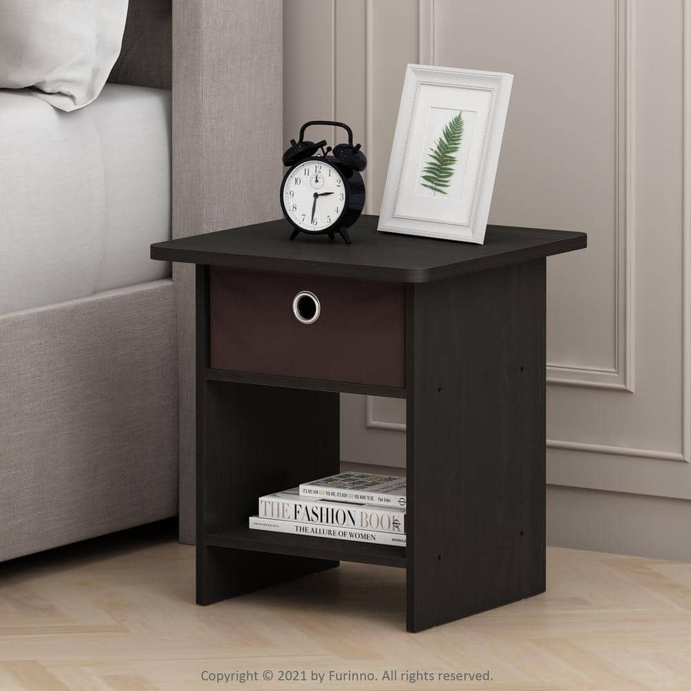 Furinno 17.8 in. Espresso Rectangle Wood End Table with Brown Bin Drawer