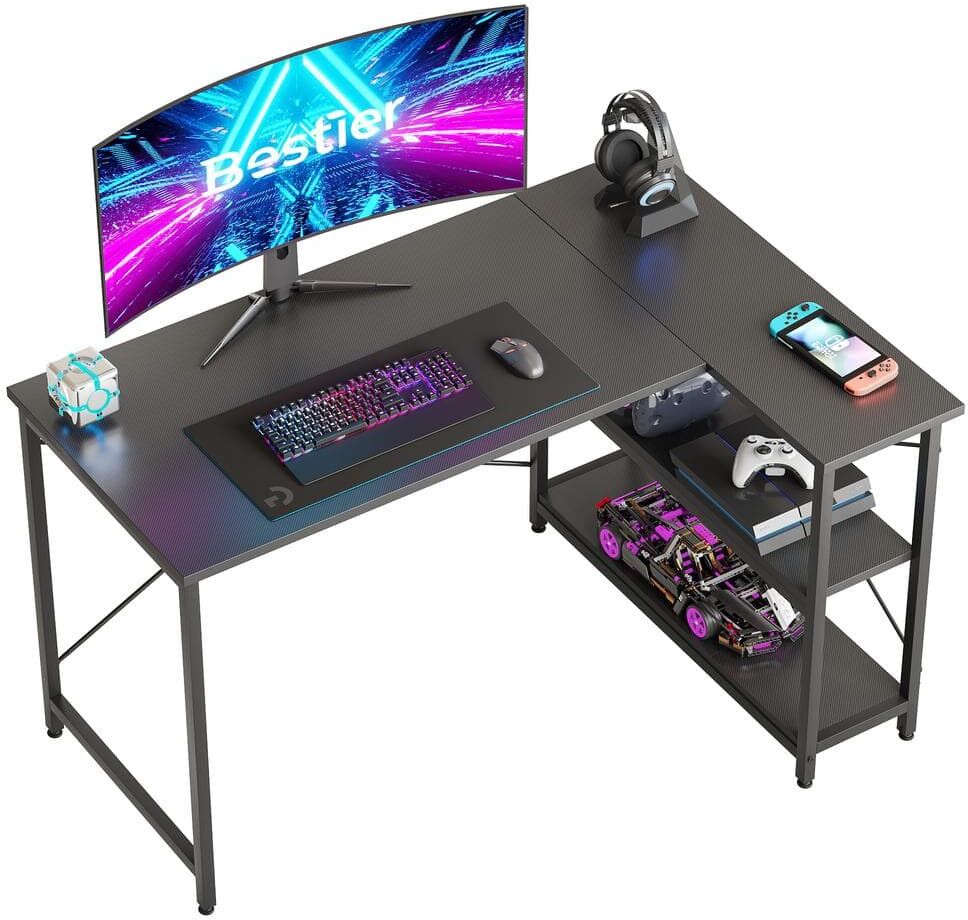 Bestier 47.24 in. Black Carbon Fiber L-Shaped Computer Desk with Shelves