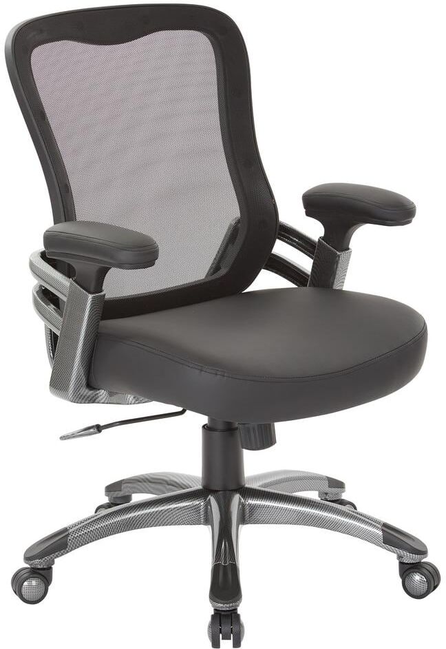 Office Star Products Black Faux Leather Managers Chair with Mesh, Adjustable Padded Arms, and Light Water Transfer Accents