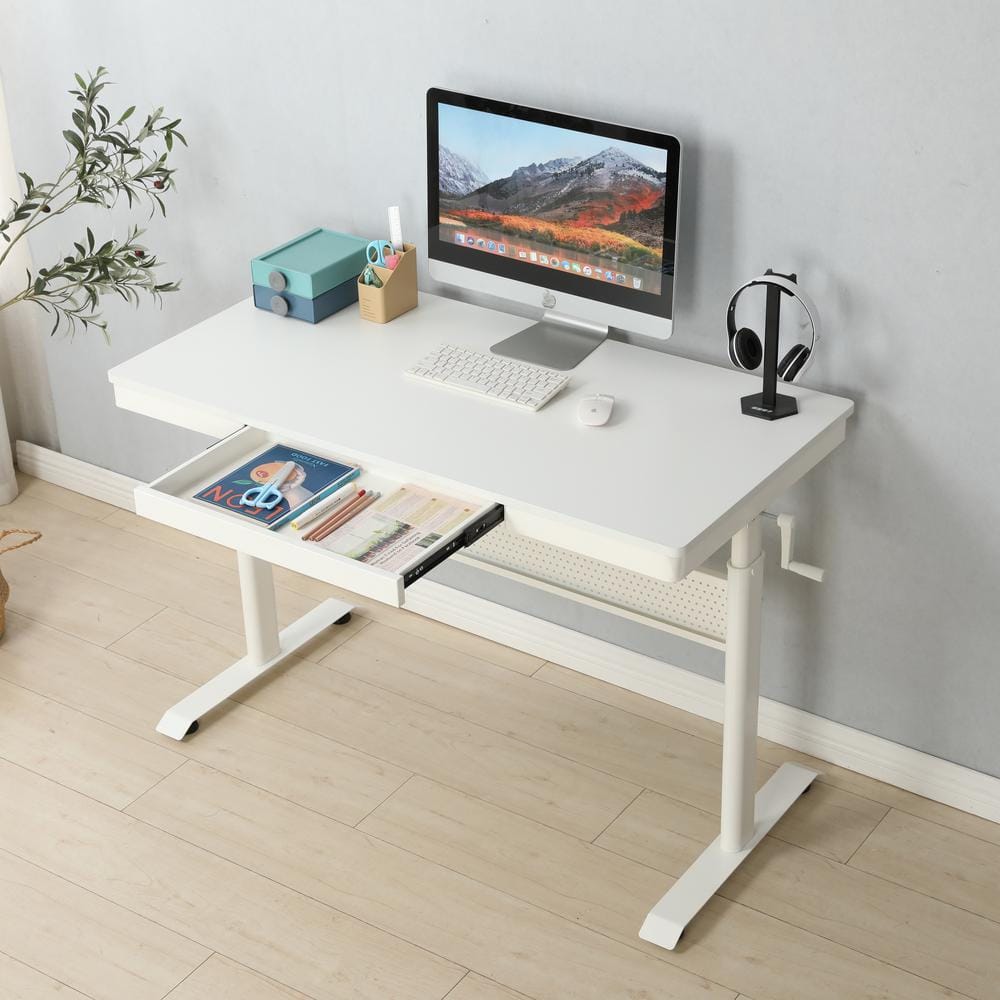 48 in. White Wood Standing Desk Adjustable Height Sit Stand Desk Ergonomic Workstation Computer Desk with Drawer