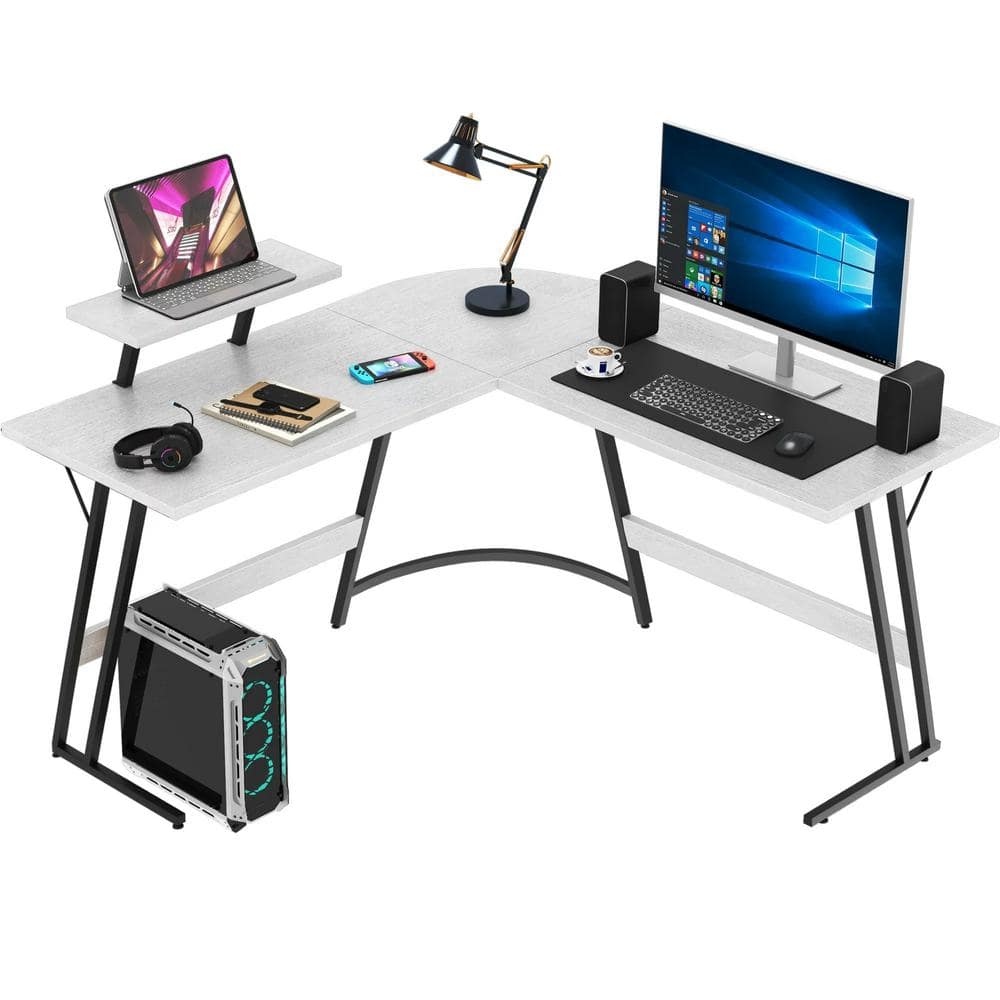 LACOO L Shaped Gaming Desk 51 in. Computer Corner Desk PC Gaming Table with Large Monitor Riser Stand(White)