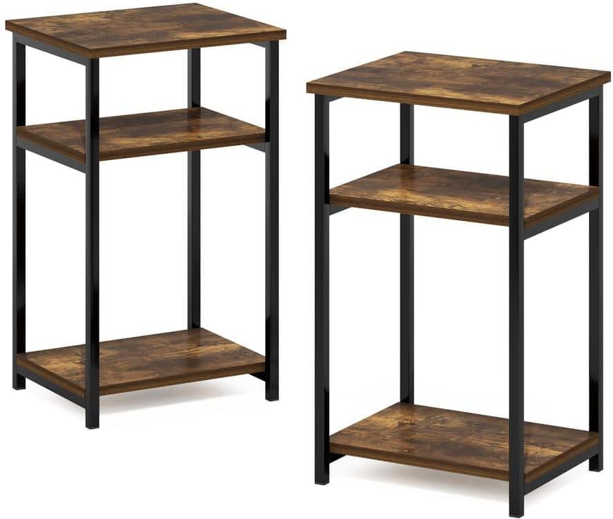 Furinno Just 13.4 in. Amber Pine Rectangle Wood End Table with Industrial Metal Frame (Set of 2)