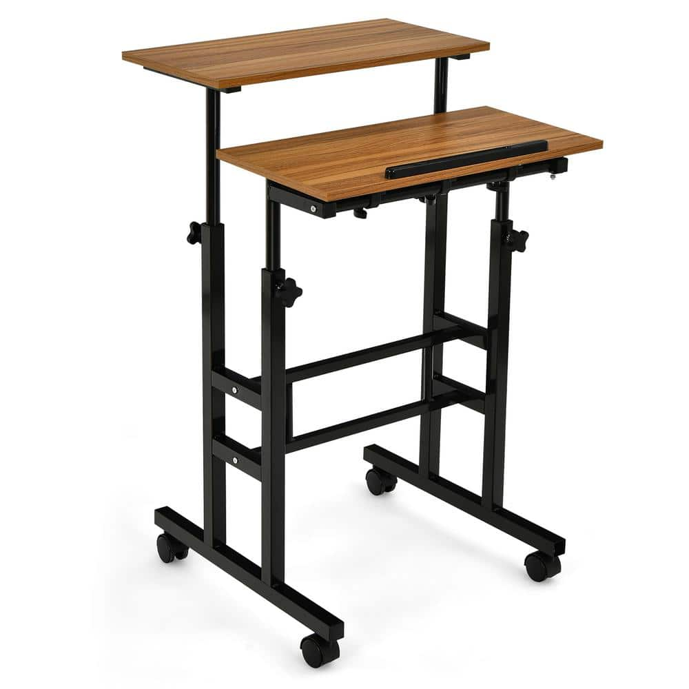 Costway 24 in. Walnut Mobile Standing Desk Rolling Adjustable Laptop Cart Home Office