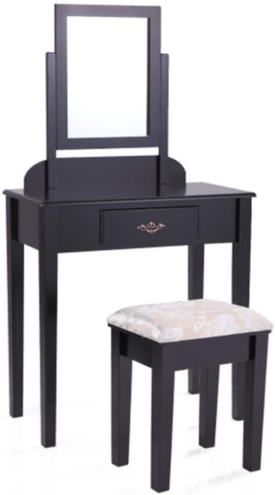 Black Wood Makeup Vanity Set Dressing Table with Rotating Rectangular Mirror Drawer 53.5 in. H x 29.5 in. W x 15.7 in. D