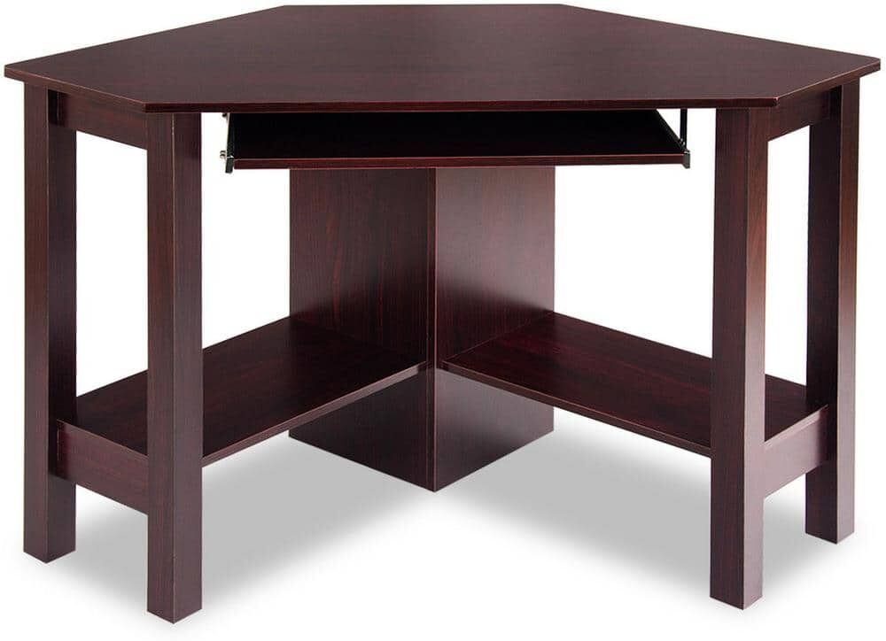 Costway 24 in. Corner Brown Particle and Hollow Slab 1-Drawer Computer Desk with-Drawer