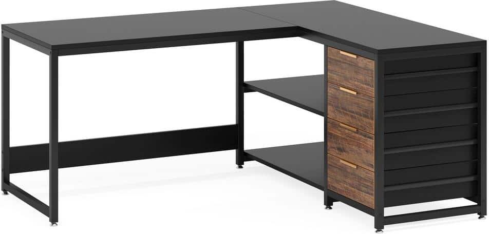 BYBLIGHT Lanita 59 in. L Shaped Black Particle Board 4 Drawer Computer Desk, Reversible Corner Office Desk, Sturdy Writing Table